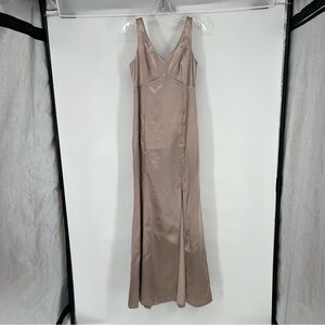 Birdy Grey Satin V Neck Side Slit Formal Bridesmaids Maxi Dress in Taupe S
